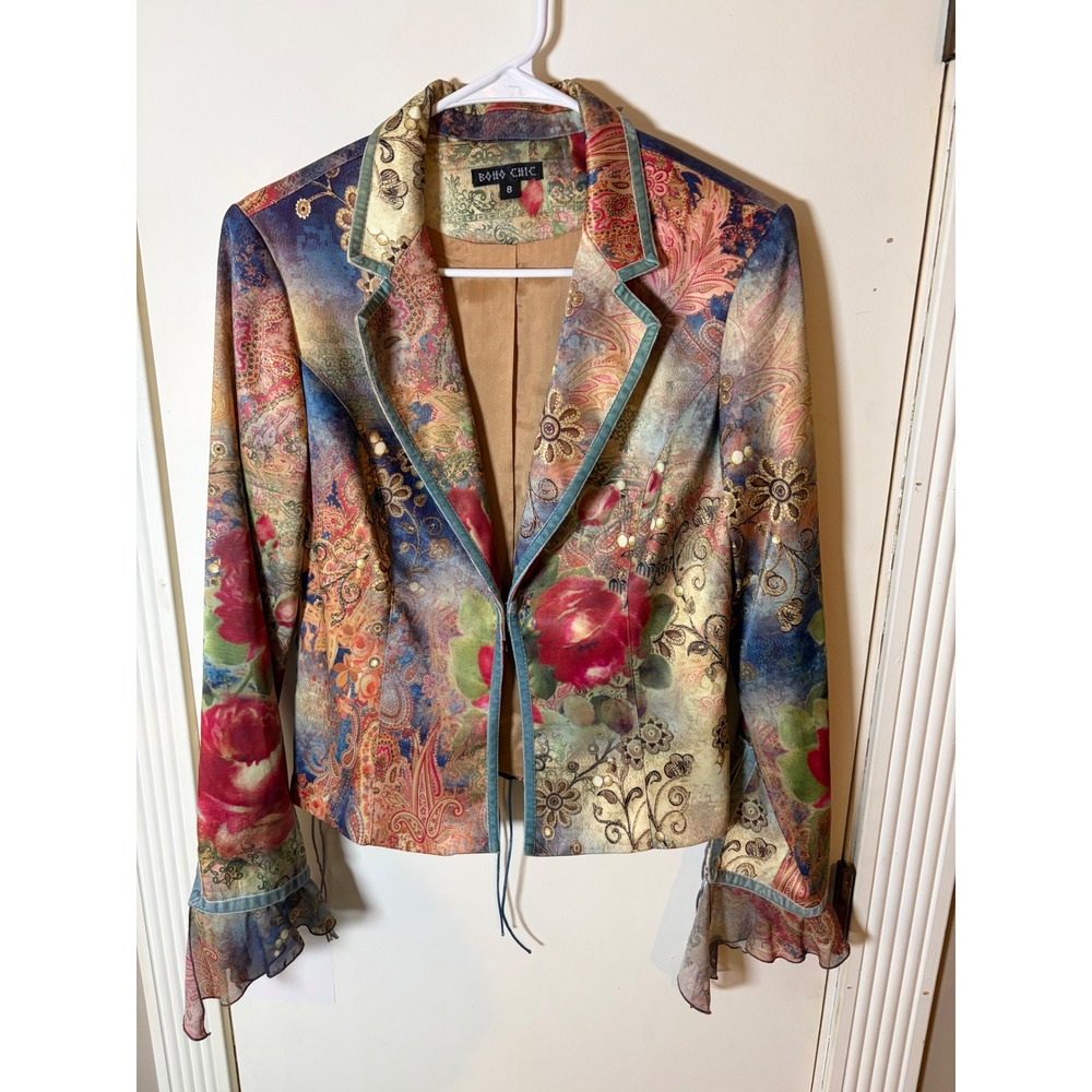 Boho Chic Floral Paisley Velvet Trim Blazer Jacket Bell Sleev Lace Up Back 8 NEW